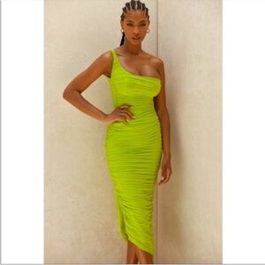House Of CB 'Nia' Acid Green Ruched Midi Dress Small